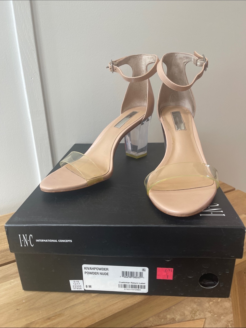 INC International Concepts Kivah Powder Nude Clear-Strap Block Heel Size 8